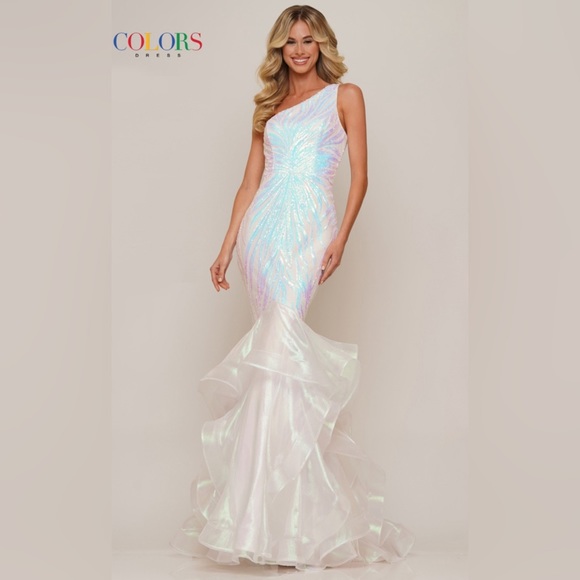 Colors Dresses & Skirts - *WORN ONCE* One-shoulder sequin mermaid gown w/ ruffled organza skirt